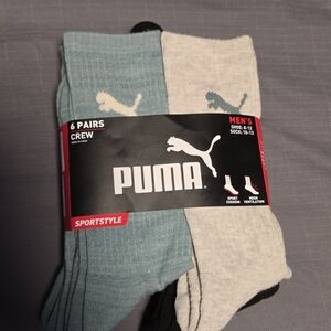 PUMA Sportstyle Crew Socks - Teal, Black and Light Gray (6 Pairs) Size 8-12